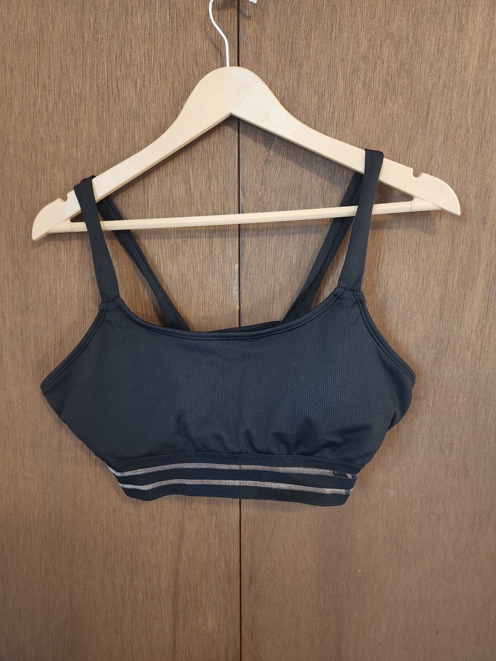Black Women's Ribbed Swim Top with Sheer Stripe Band